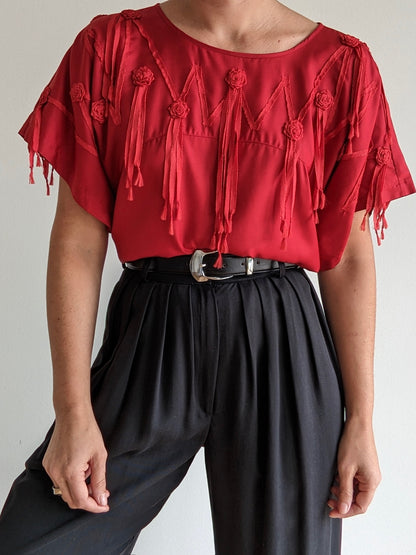 Amazing Vintage Rose & Tassel Appliqué Silk Top