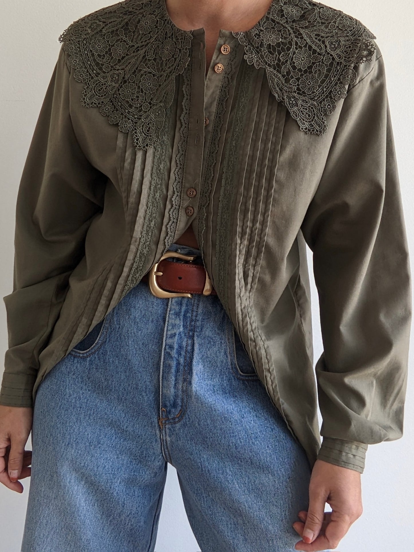 Vintage Olive Lace-Collared Blouse