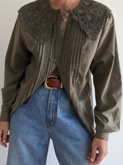 Vintage Olive Lace-Collared Blouse