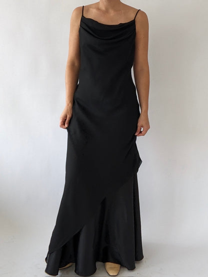 90s Licorice Satin-Accent Evening Dresss