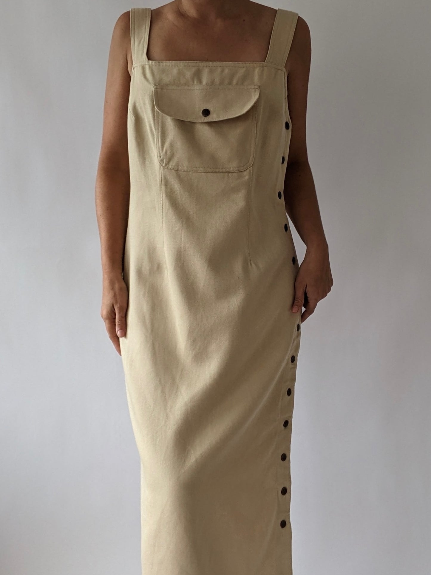 Rare Vintage Woven Cotton Snap Button Maxi Dress