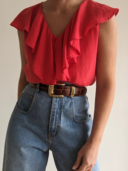 Vintage Sleeveless Ruffled Silk Blouse