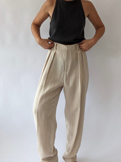 Vintage Pale Oat Woven Linen Trousers