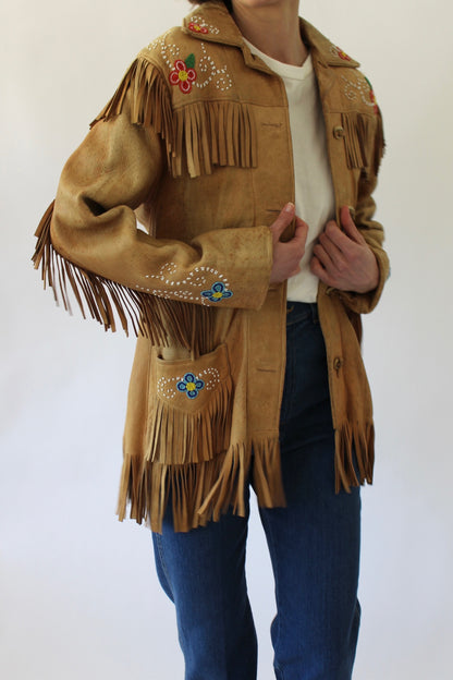 Vintage Floral Beaded Fringe Leather Jacket