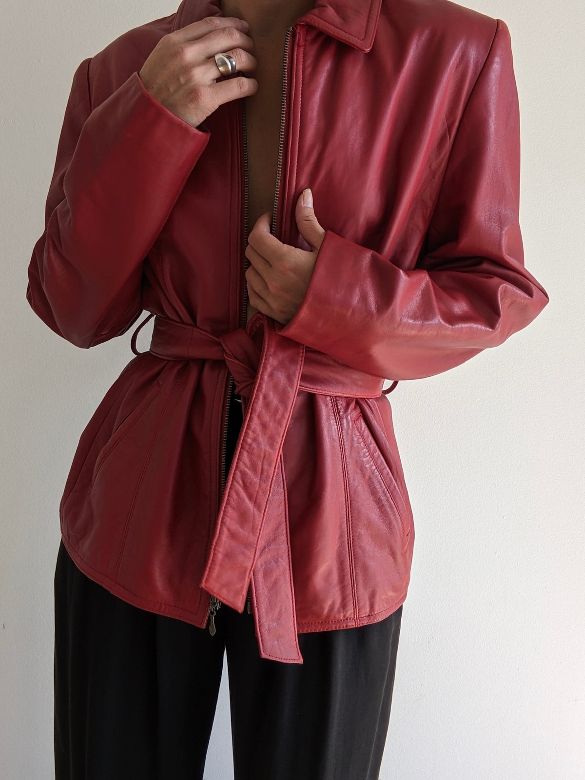 Vintage Crimson Lambskin Leather Belted Jacket