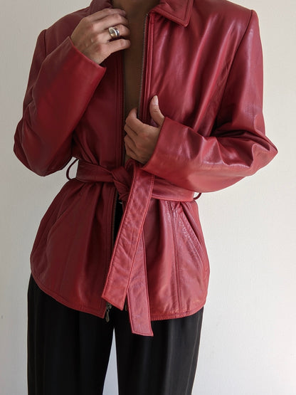 Vintage Crimson Lambskin Leather Belted Jacket