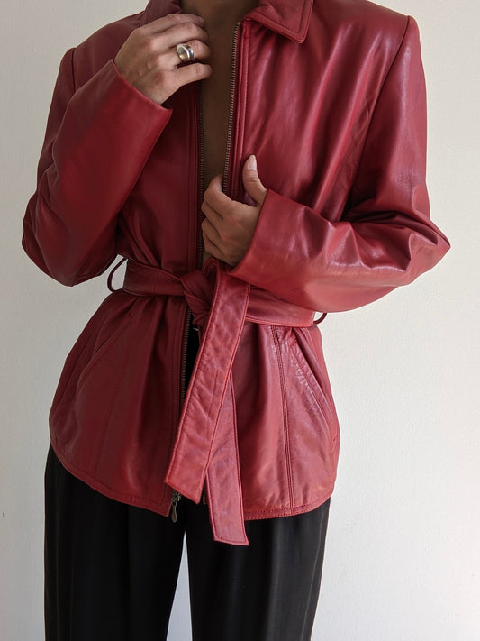 Vintage Crimson Lambskin Leather Belted Jacket