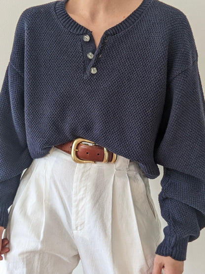 Vintage Navy Woven Cotton Henley
