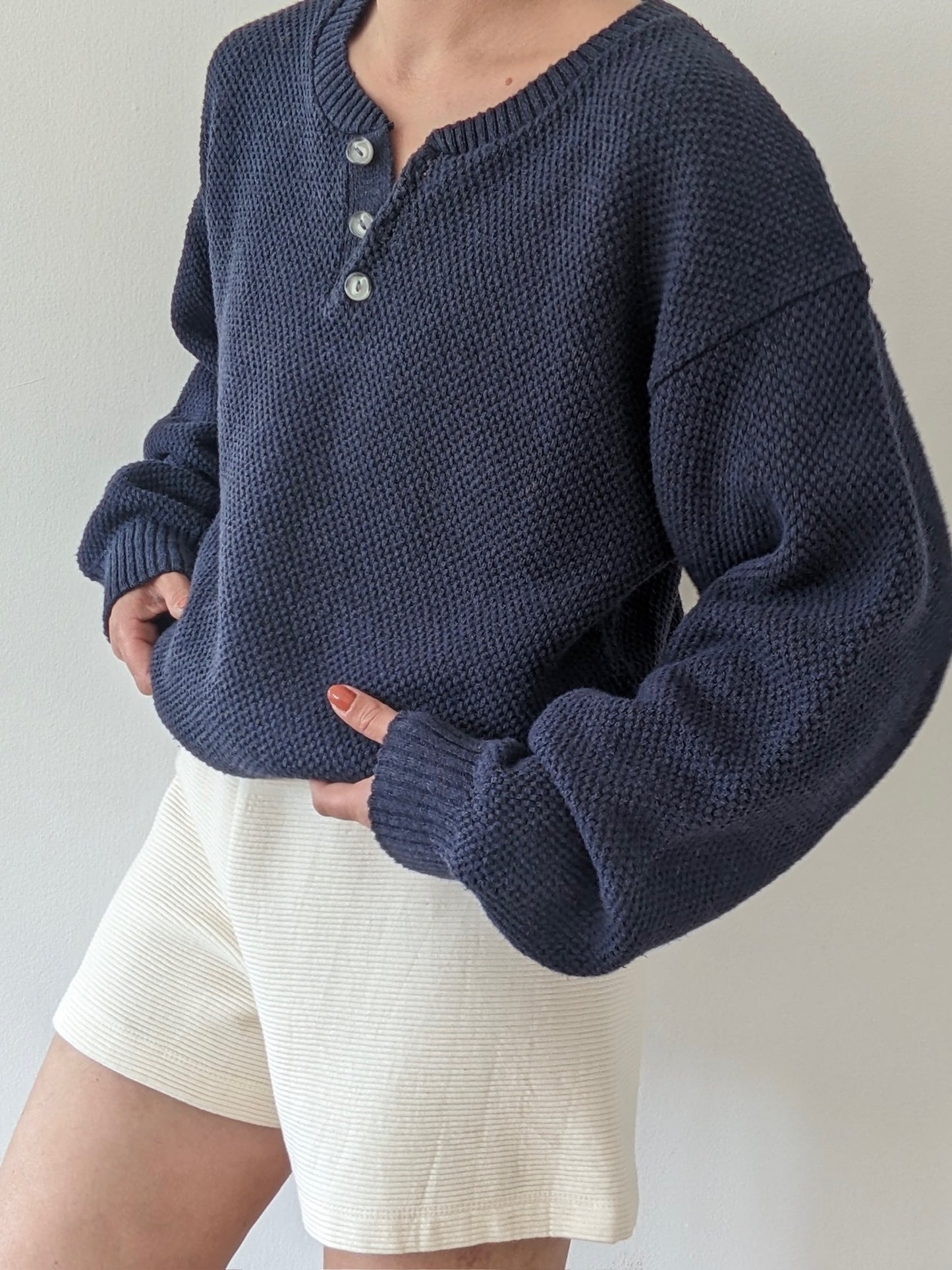 Vintage Navy Woven Cotton Henley