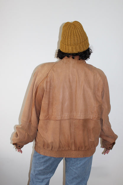 Vintage Saddle Brown Leather Bomber Jacket