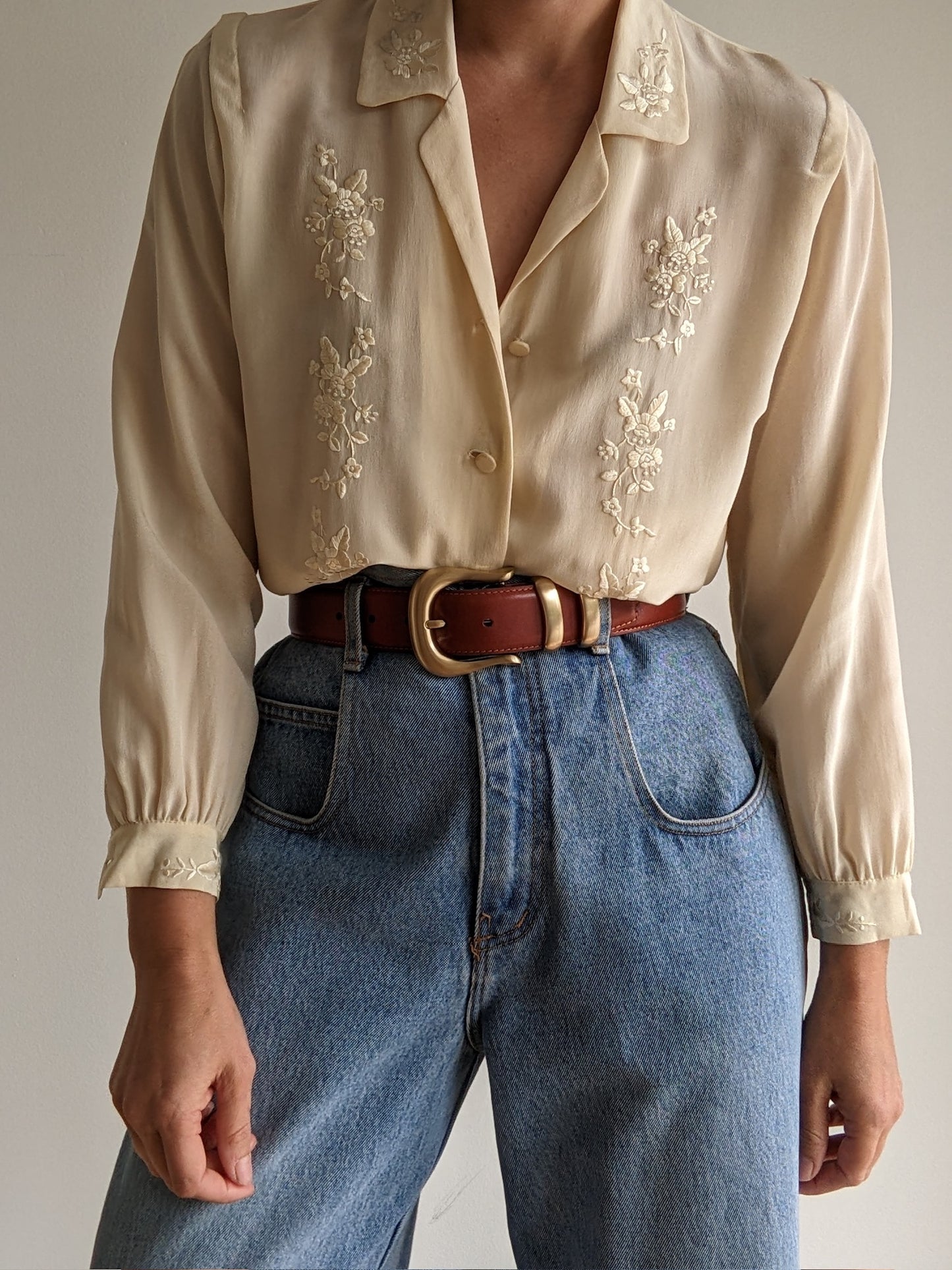 Vintage Floral Embroidered Silk Blouse