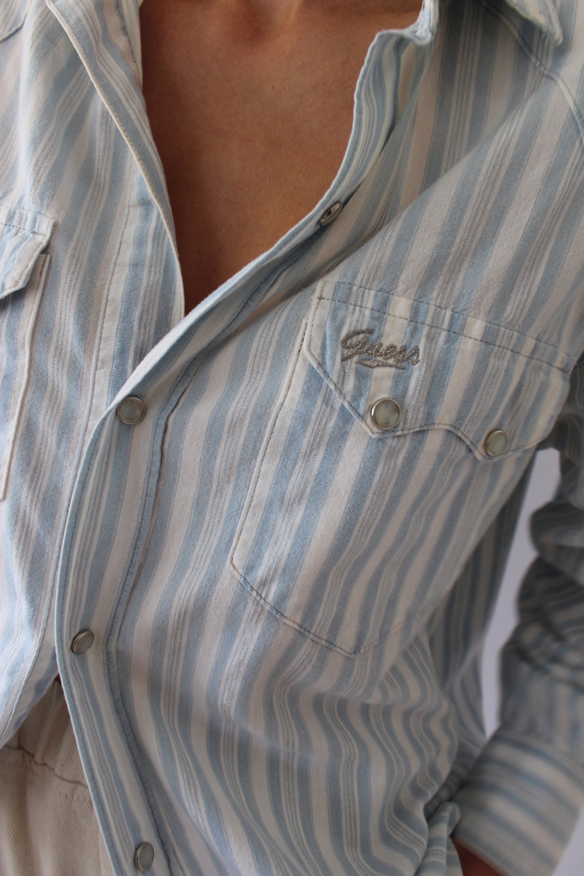 Vintage Guess Metallic Striped Pearl Snap Shirt