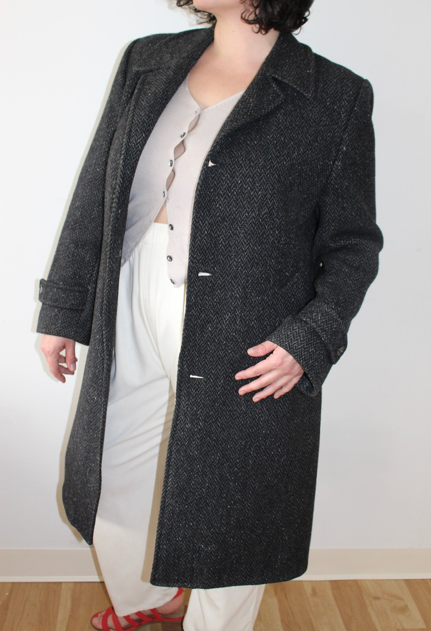 Vintage Charcoal Wool Herringbone Coat