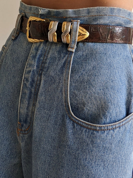 Vintage Two-Toned Hardware & Embossed Leather Belt