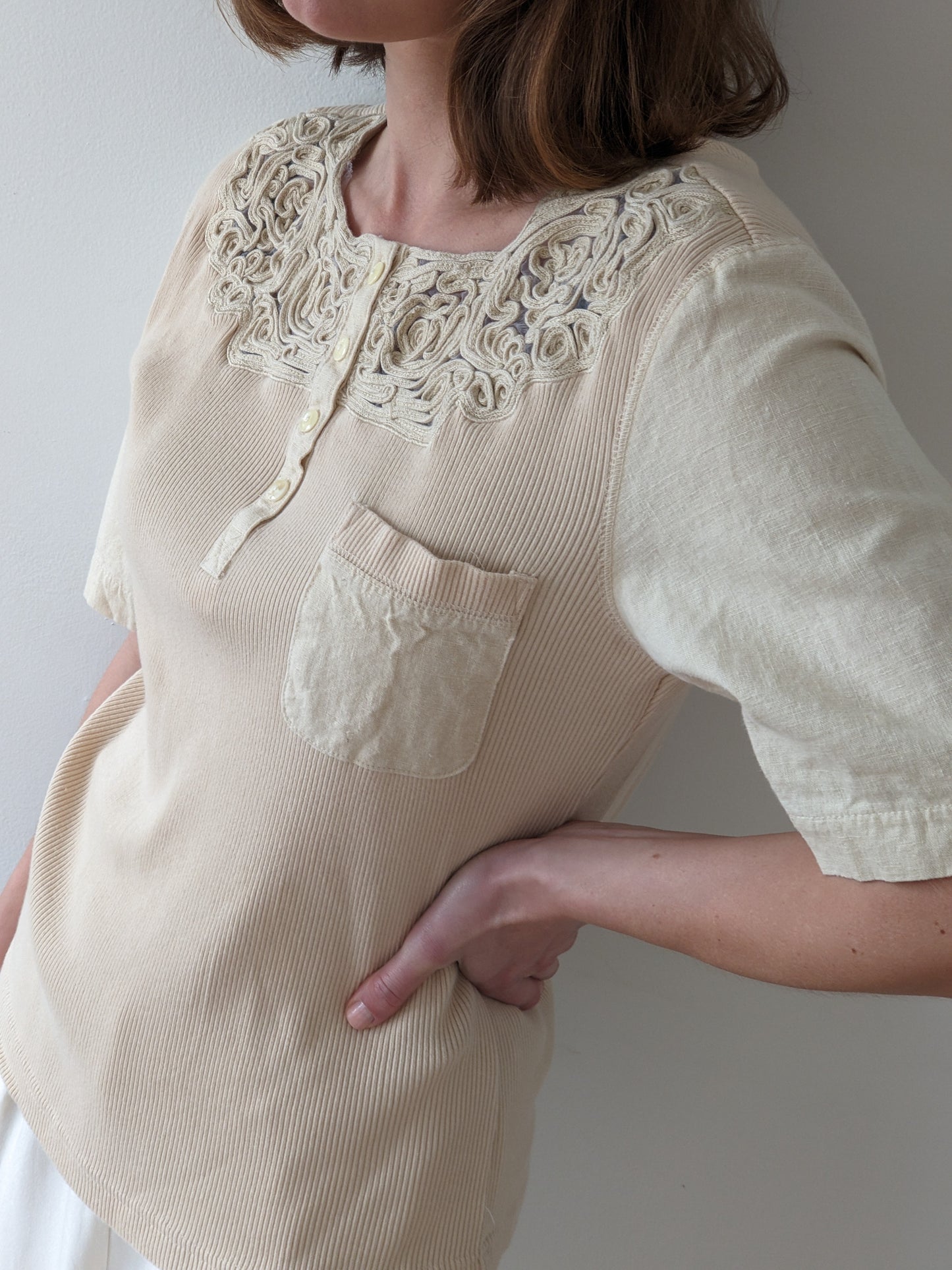 Vintage Sand Ribbed & Woven Henley