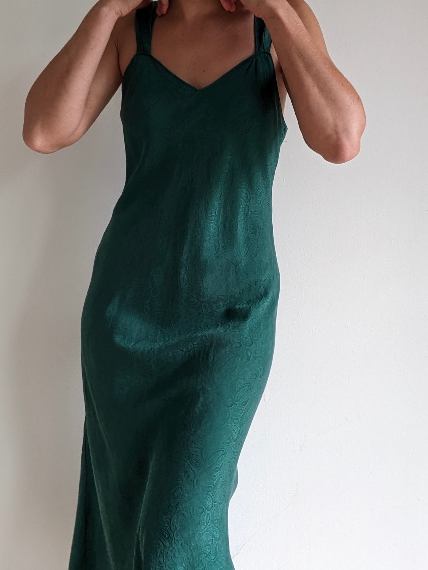 Vintage Embossed Moss Green Silk Slip Dress