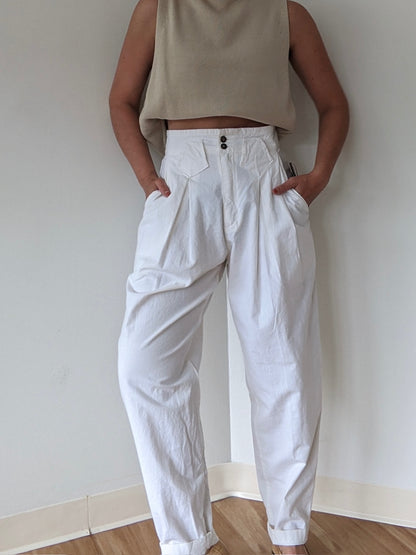 Vintage Eggshell Pleated Cotton Trousers