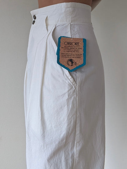 Vintage Eggshell Pleated Cotton Trousers