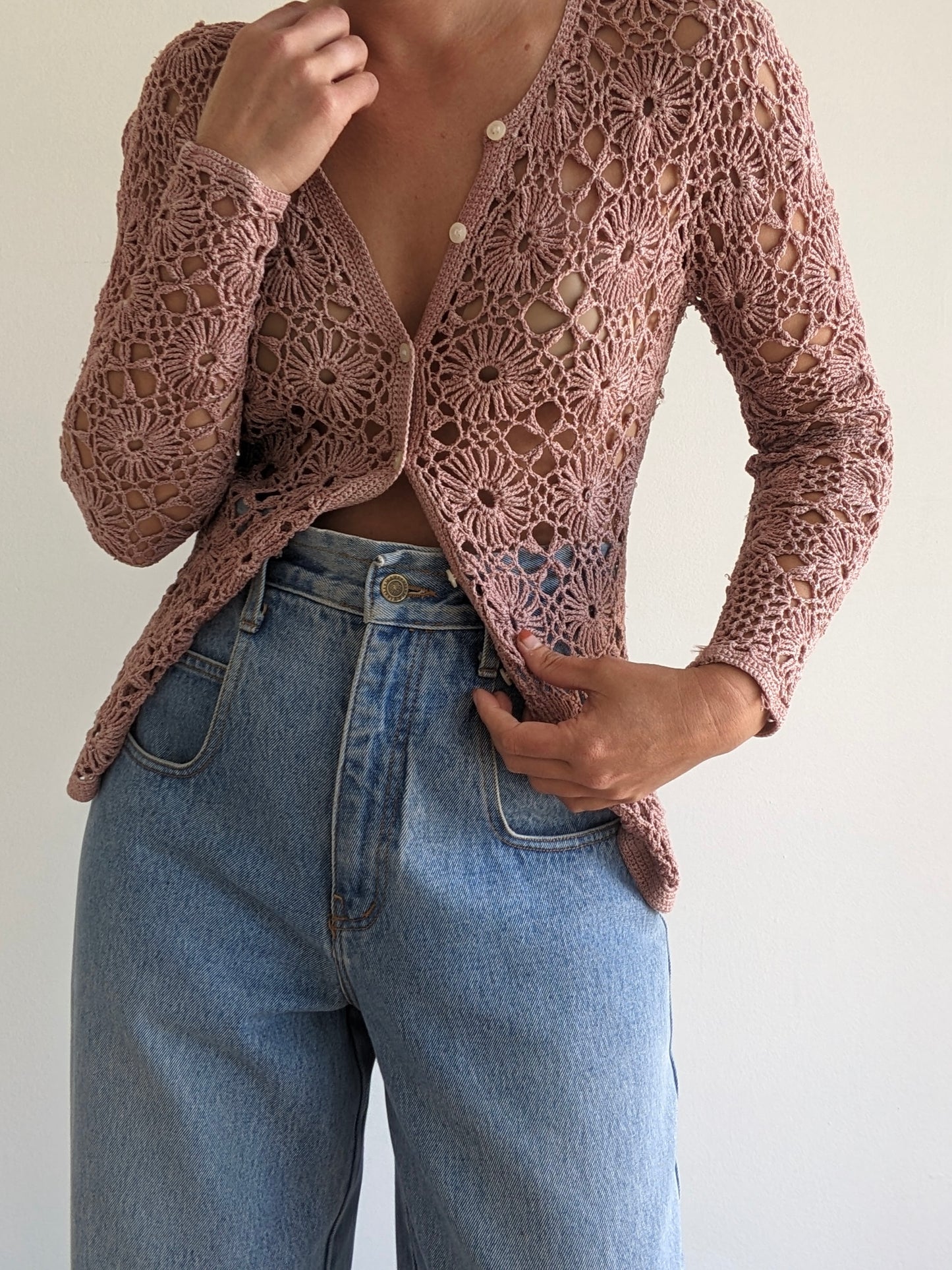 Vintage Mauve Crocheted Cardigan