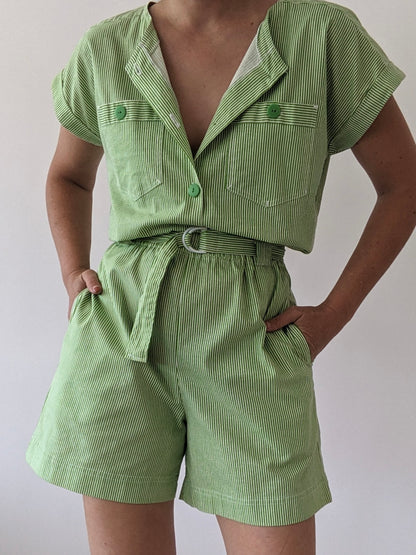 Vintage Lime Striped Cotton Romper