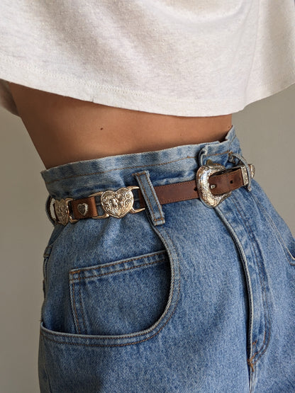 Rare Vintage Leather & Silver Heart Link Belt