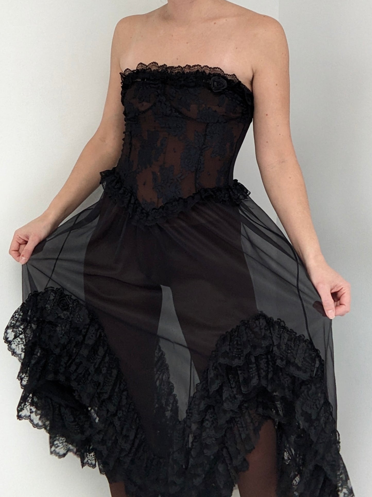 Incredible Vintage Sheer Lace Ruffled Dress