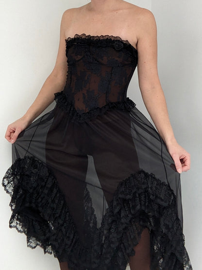 Incredible Vintage Sheer Lace Ruffled Dress