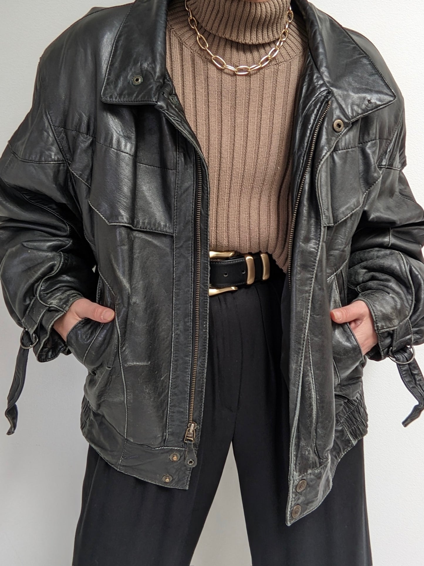 Vintage Faded Black Leather Bomber