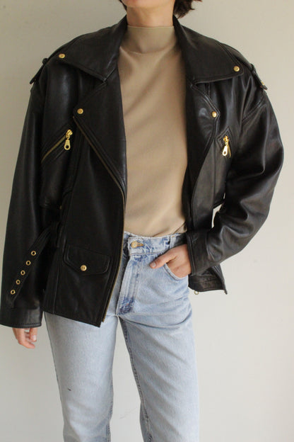 Incredible Vintage Black Belted Leather Moto Jacket