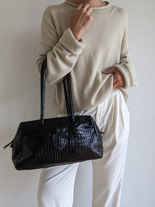 Rare Vintage Black Croc-Embossed Leather Bag