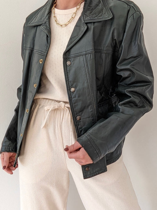 Vintage Evergreen Leather Snap Jacket