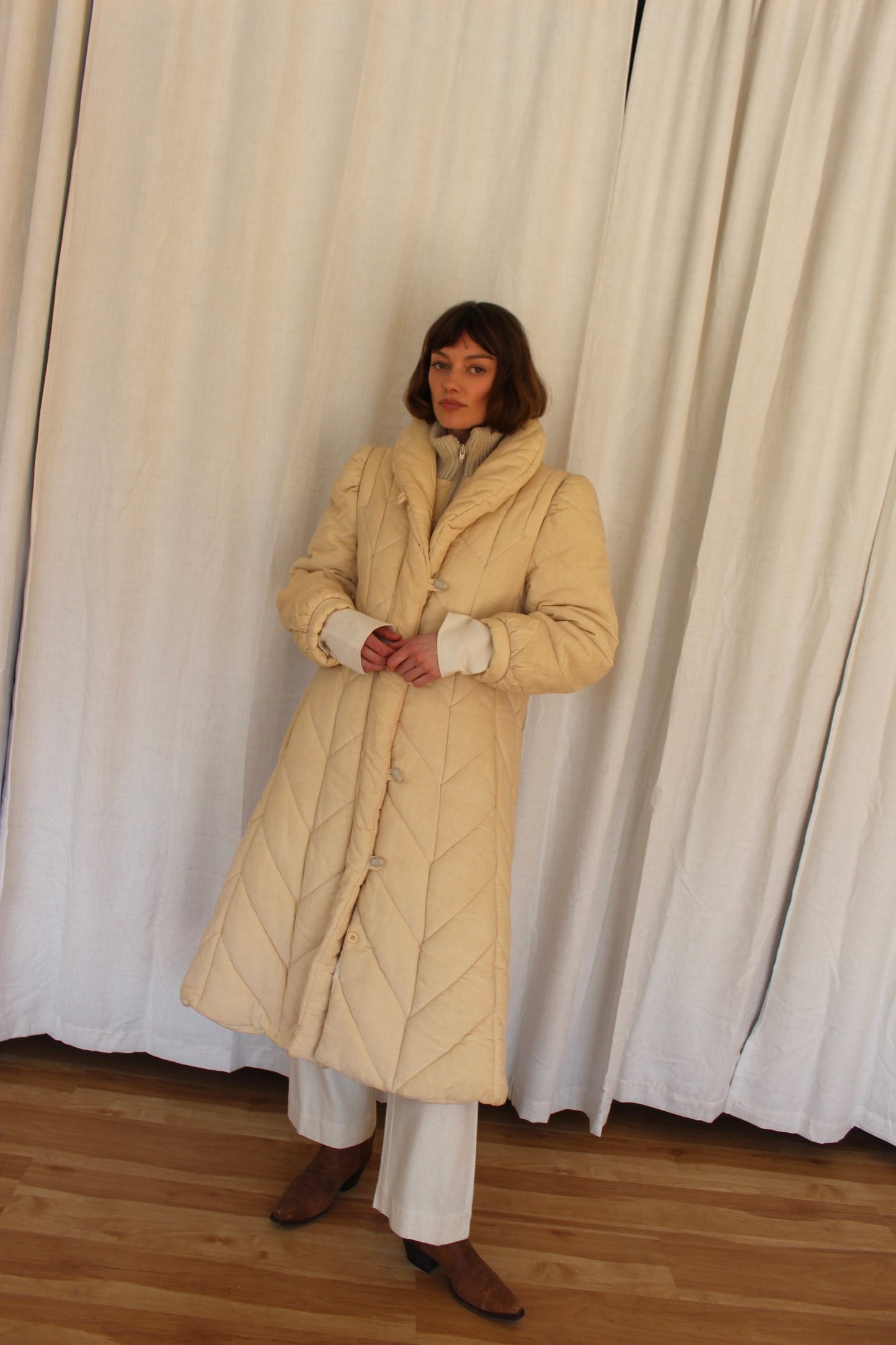 Coziest Vintage Sand Quilted Puffer Coat
