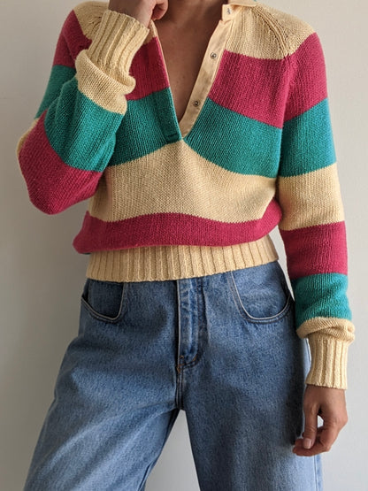 Vintage Wide Striped Snap Henley