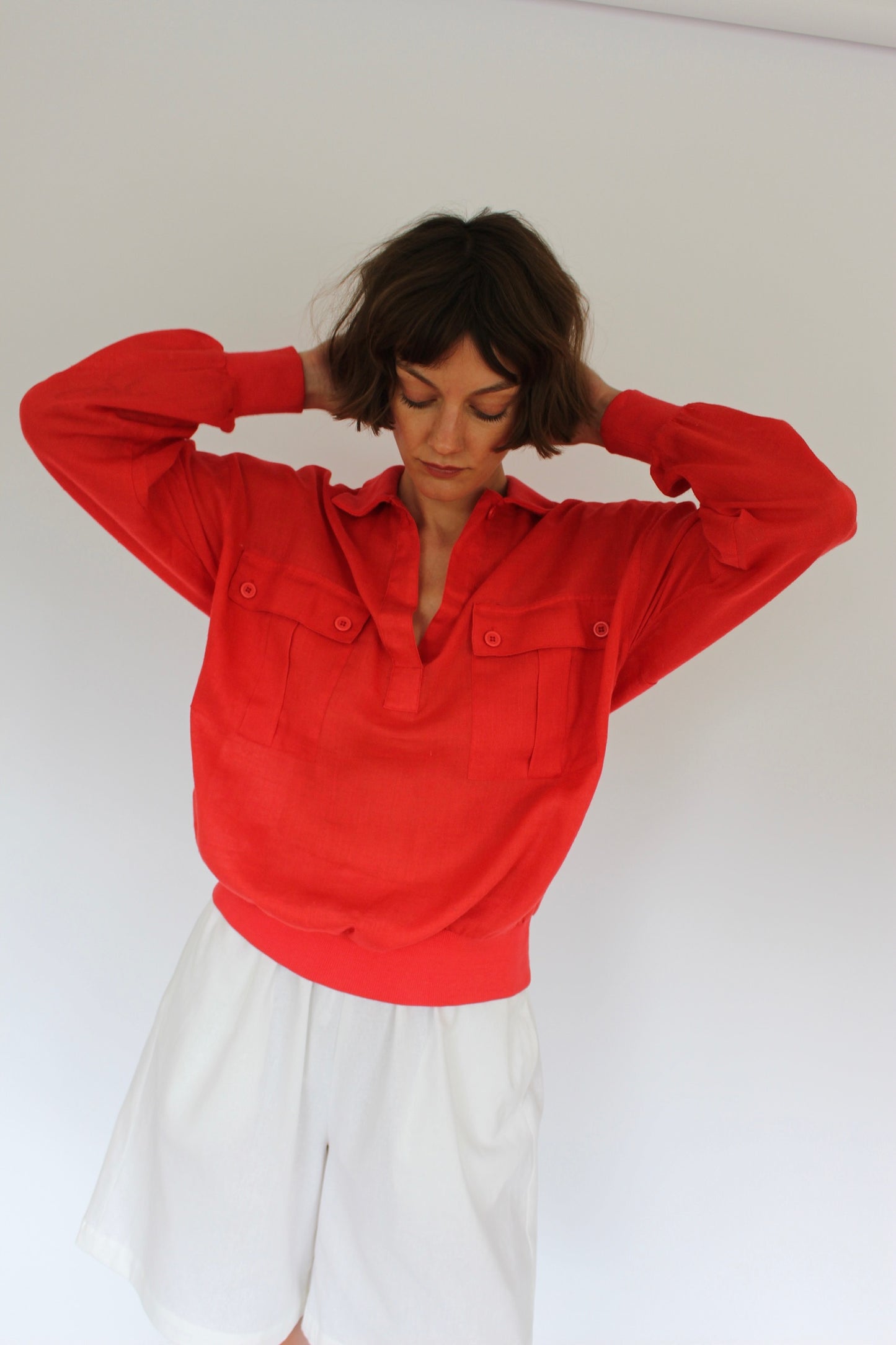 Vibrant Vintage Red Linen Collared Popover
