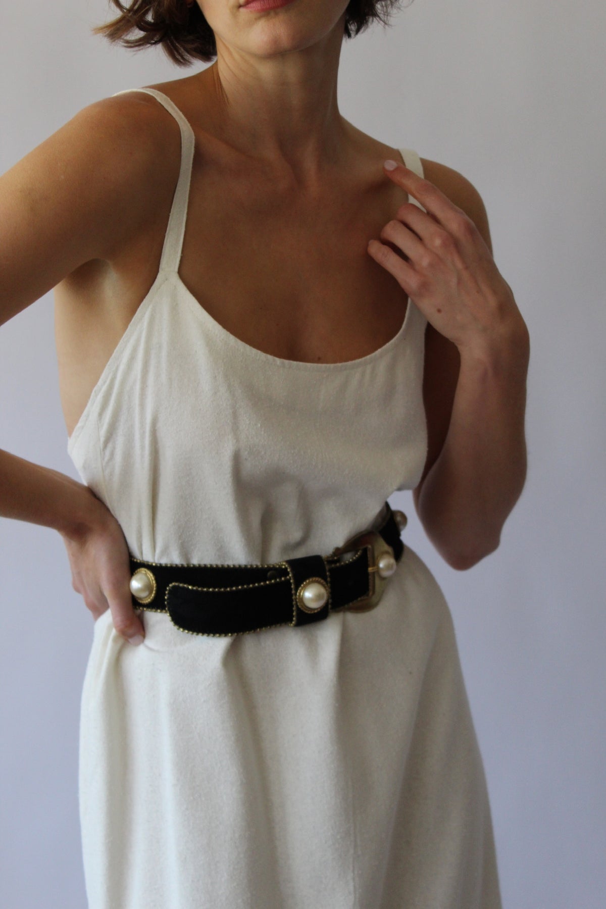 Vintage Black Suede & Faux Cabochon Pearl Belt
