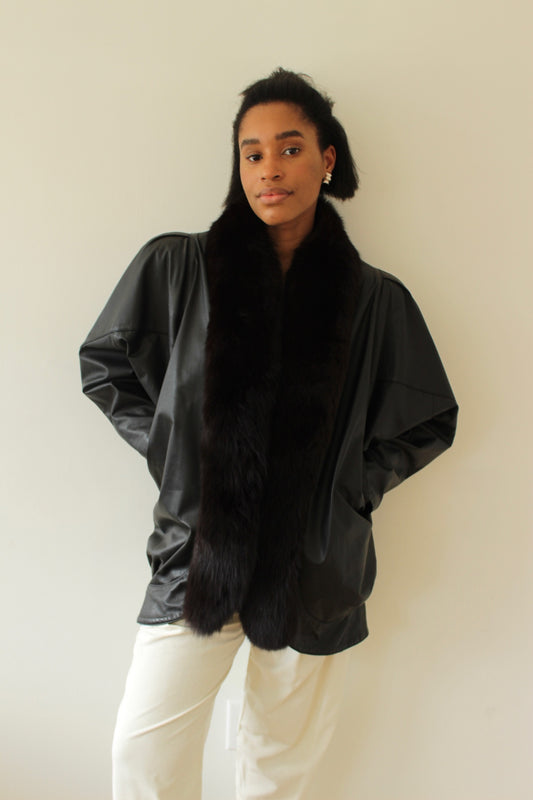 Amazing Vintage Ink Leather & Fur Trim Jacket