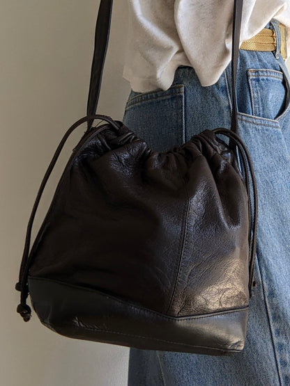 Vintage Espresso Pebbled Leather Bucket Bag