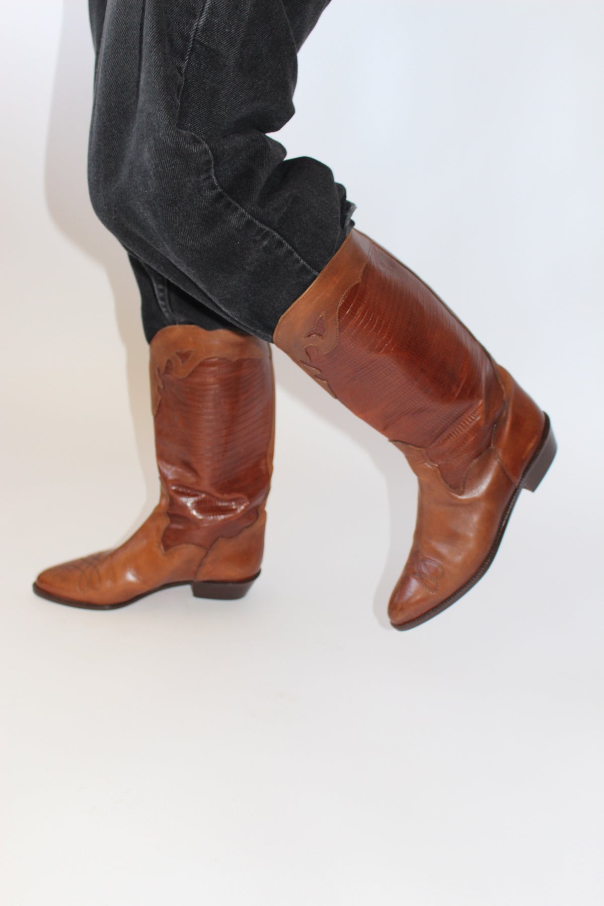 Vintage Cognac Embossed Cowboy Boots