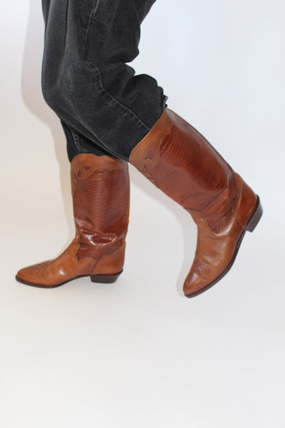 Vintage Cognac Embossed Cowboy Boots