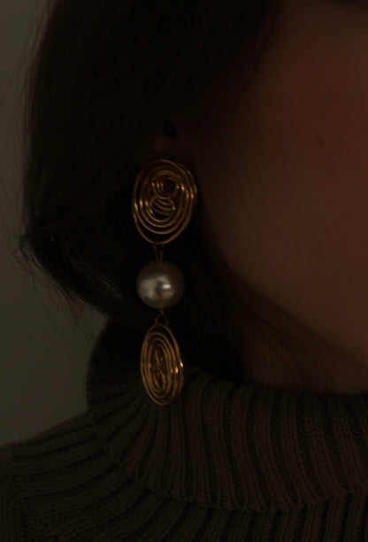 Bold Vintage Gold Spiral & Faux Pearl Drop Earrings