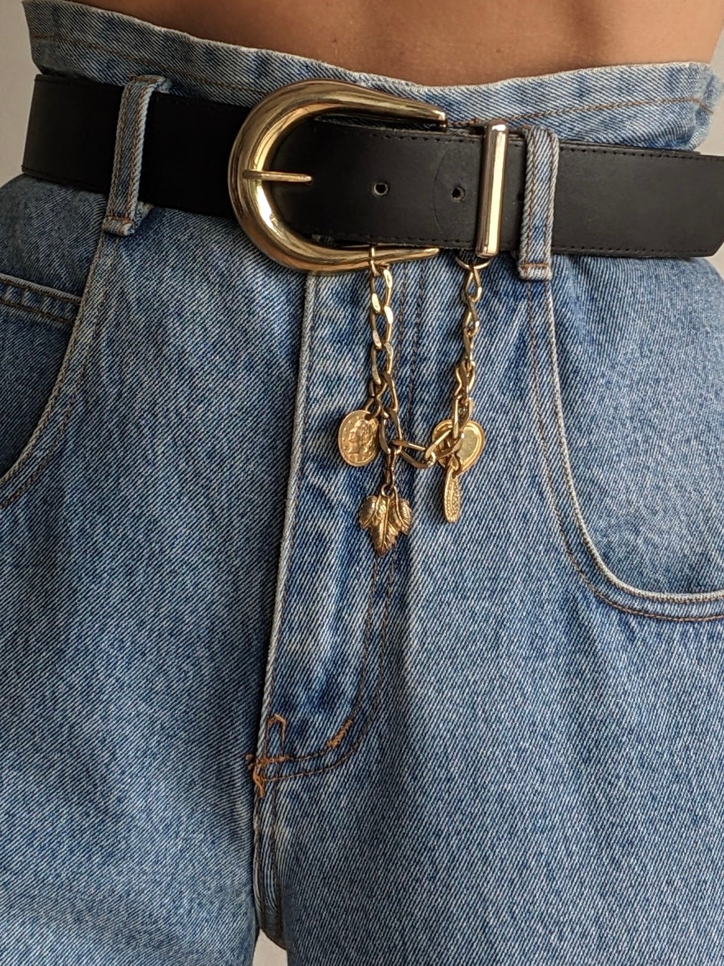 Vintage Black Leather Hanging Charm Belt