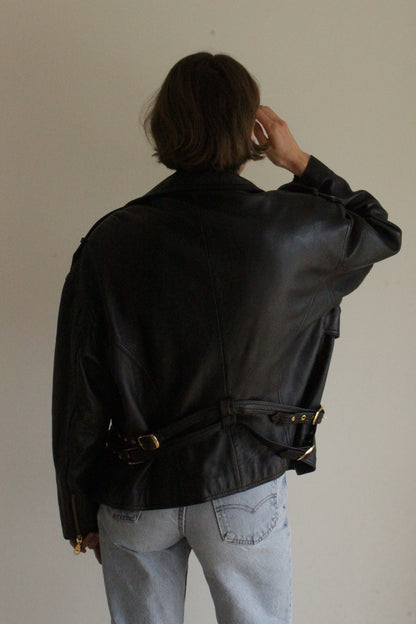 Incredible Vintage Black Belted Leather Moto Jacket