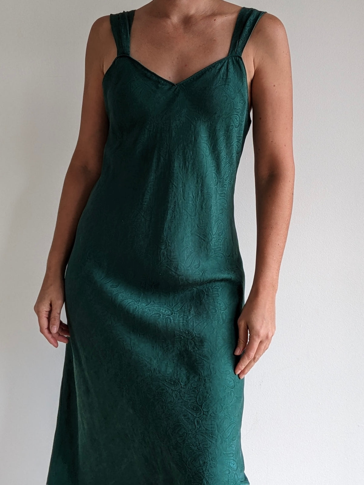 Vintage Embossed Moss Green Silk Slip Dress