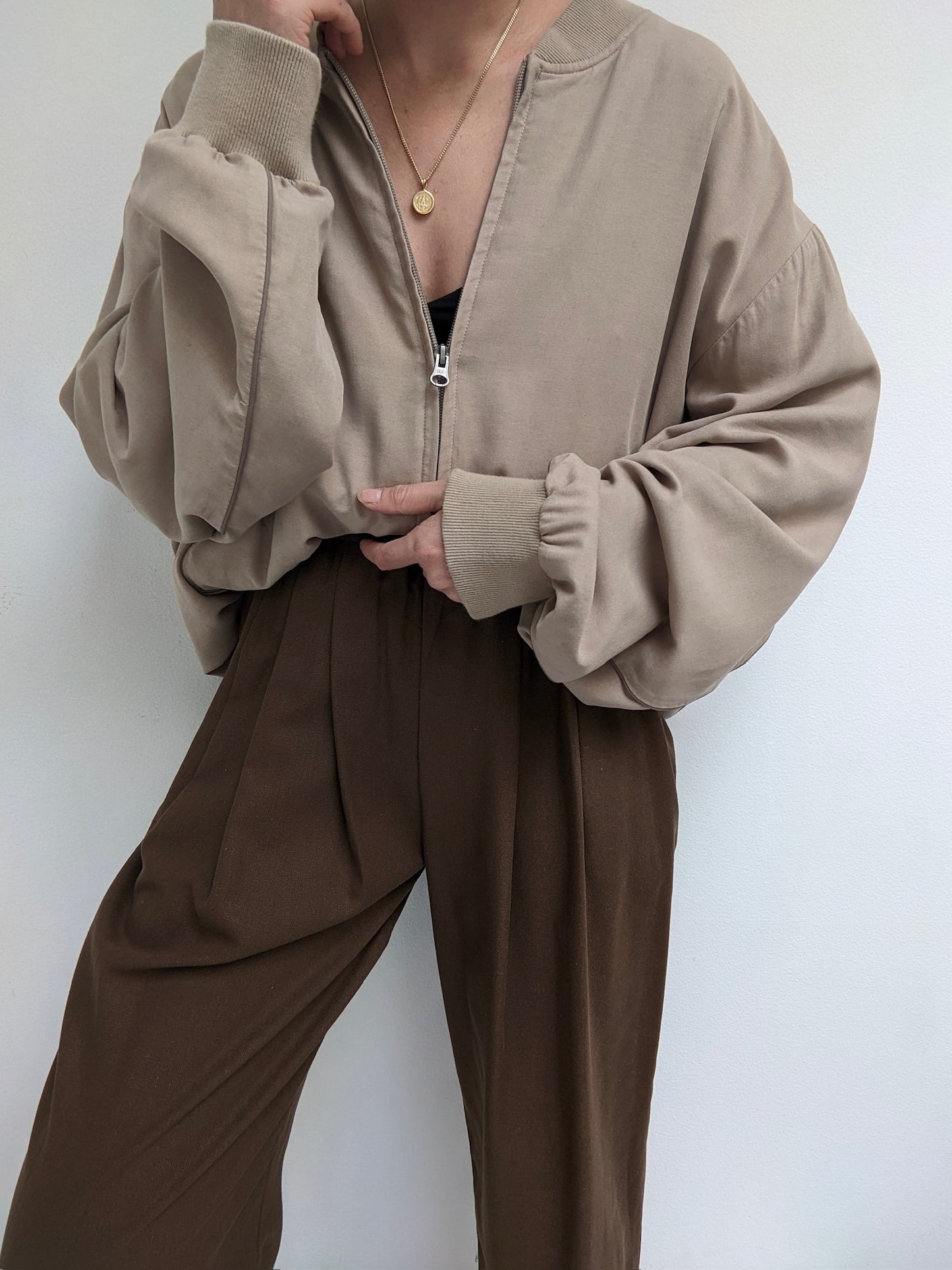 Vintage Pale Toffee Silk Bomber Jacket