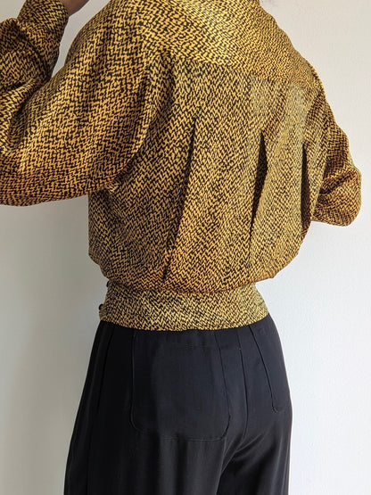 Vintage Patterned Satin Low-Cut Blouse