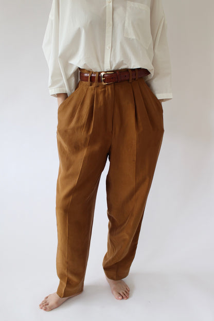 Vintage Toffee Pleated Silk Trousers