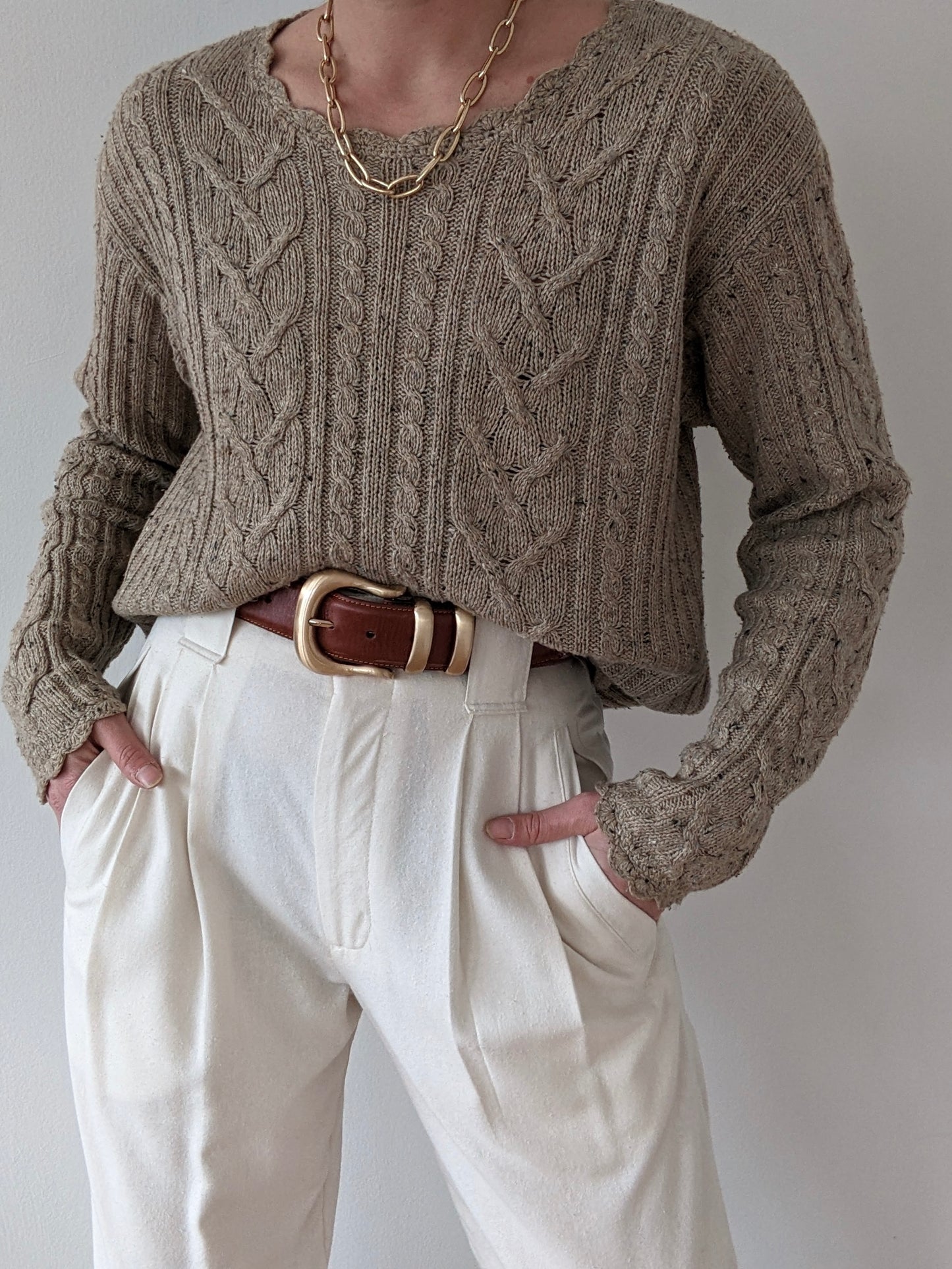 Vintage Speckled Latte Cable Knit Sweater