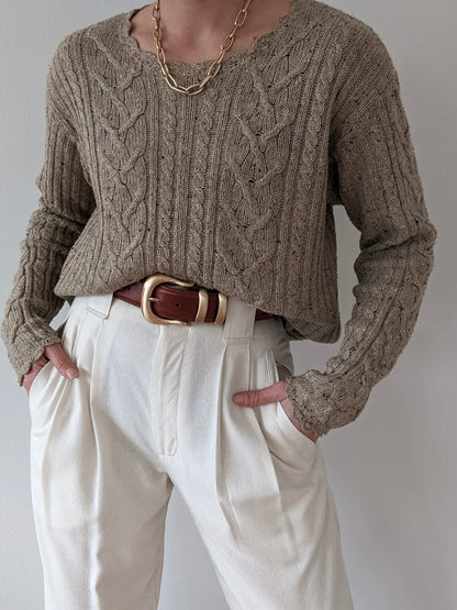 Vintage Speckled Latte Cable Knit Sweater