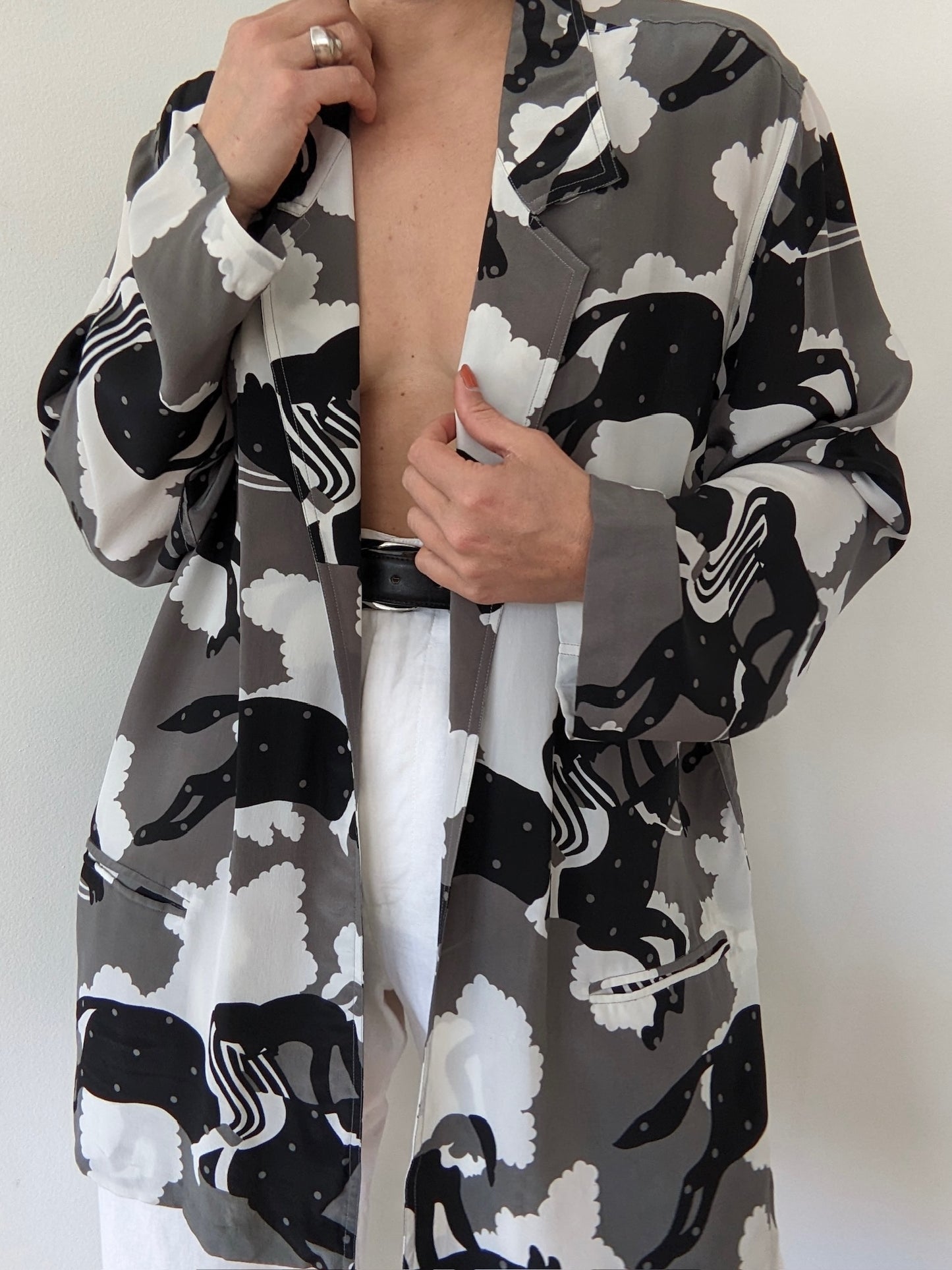 Rare Vintage Equestrian-Themed Silk Open Jacket