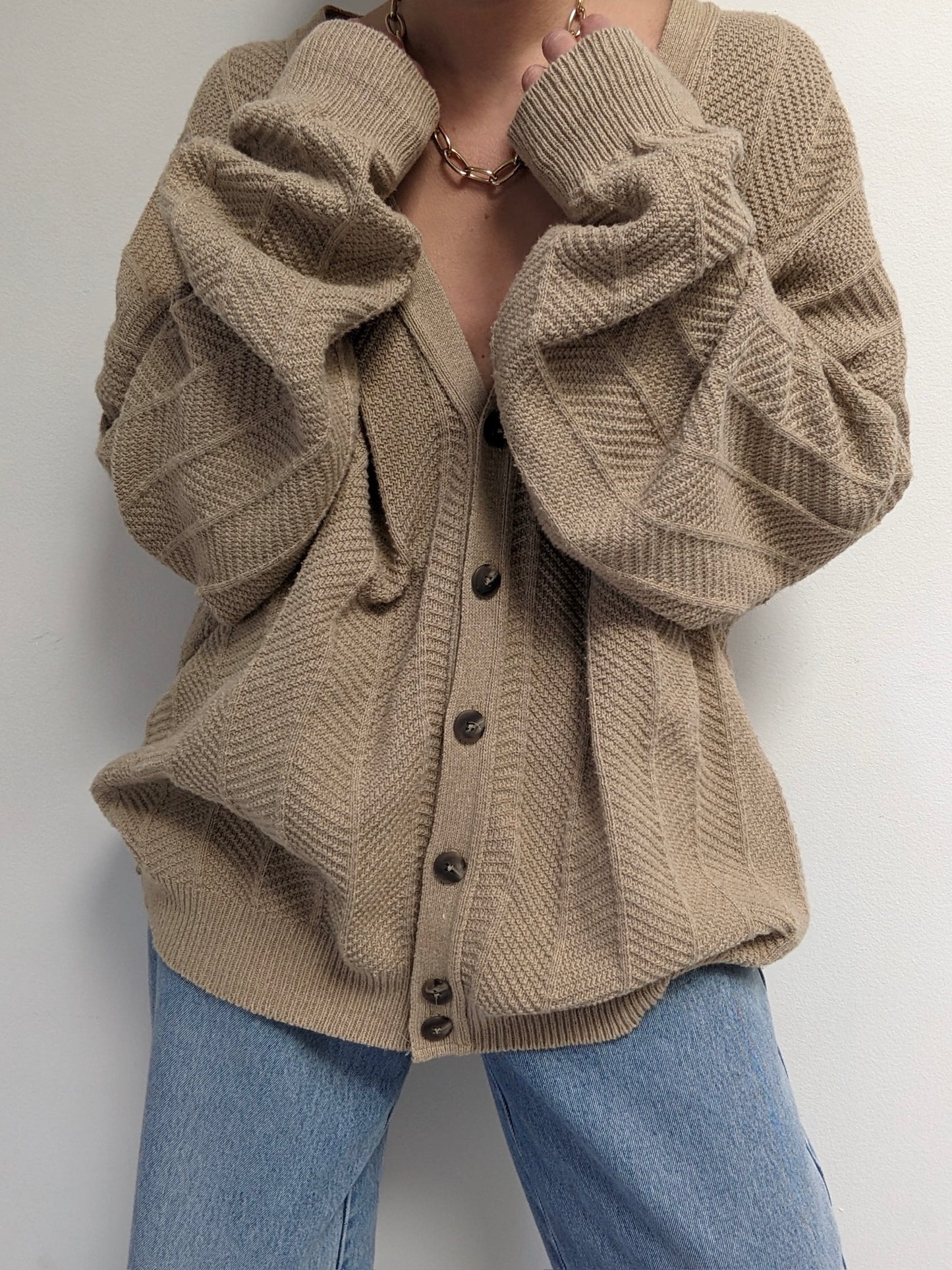 Vintage Latte Herringbone Cotton Cardigan